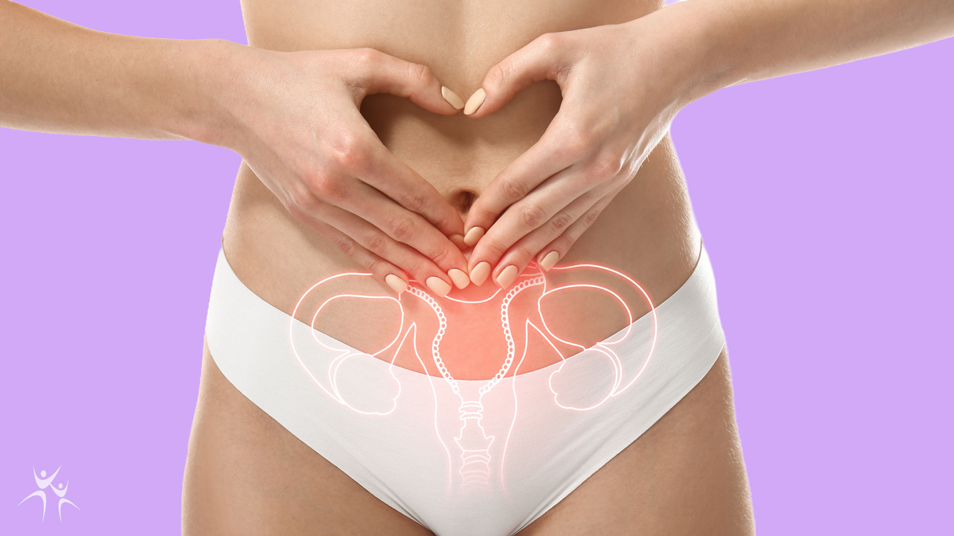 Women making a heart symbol over her belly button with a diagram of her pelvic region etched across the image
