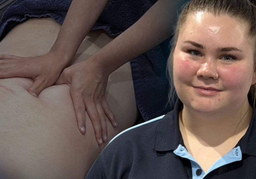 Image of Lucy O'Brien with faded back massage graphic behind her