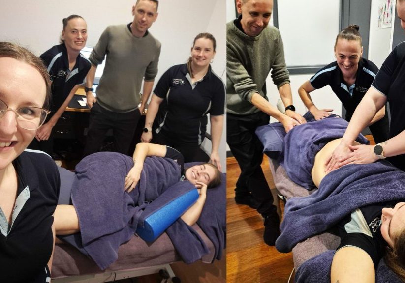 Rapid Recovery Myotherapy and Remedial Massage team at the 2026 Pregnancy Massage Workshop with pregnant therapist Shae